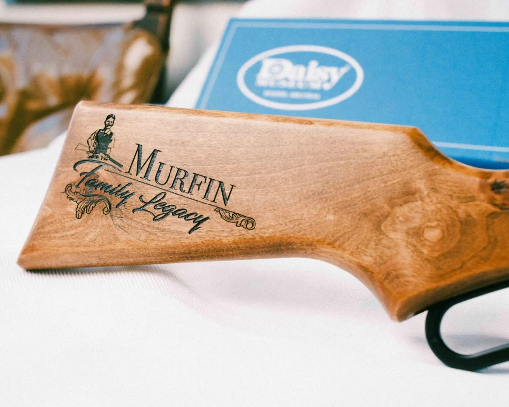 Legacy rifle stock with family surname engraving
